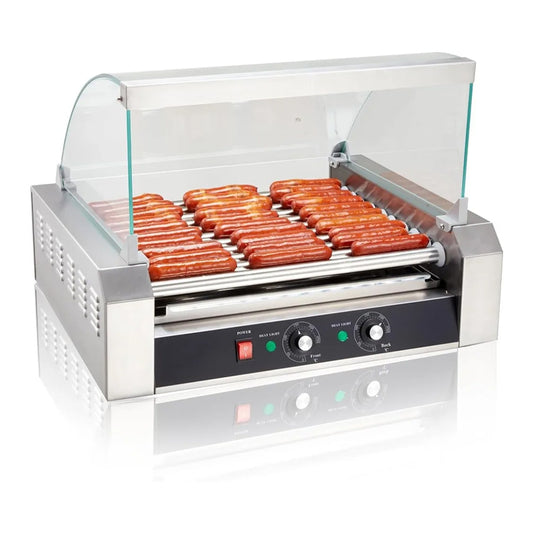 Hot Dog Roller, 30 Hot Dogs 11 Rollers Grill Cooker Machine，Removable Stainless Steel Drip Tray And Glass Hood Cover,Perfect For Commercial