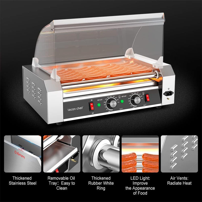 Hot Dog Roller Machine Commercial Electric 7 Roller Grill Hot Dog Warmer Cooker Machine Stainless Steel with Dual Temp Control, Detachable Glass Cover & LED