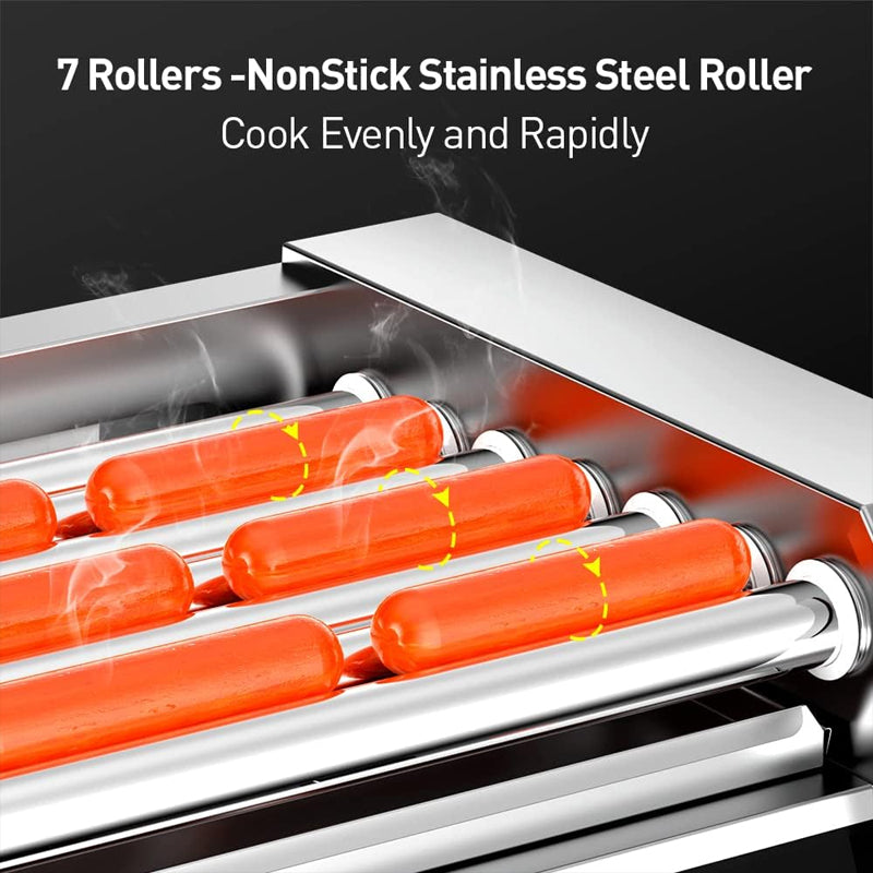 Hot Dog Roller Machine Commercial Electric 7 Roller Grill Hot Dog Warmer Cooker Machine Stainless Steel with Dual Temp Control, Detachable Glass Cover & LED