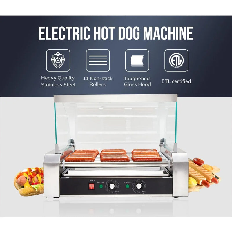 Hot Dog Roller, 30 Hot Dogs 11 Rollers Grill Cooker Machine，Removable Stainless Steel Drip Tray And Glass Hood Cover,Perfect For Commercial