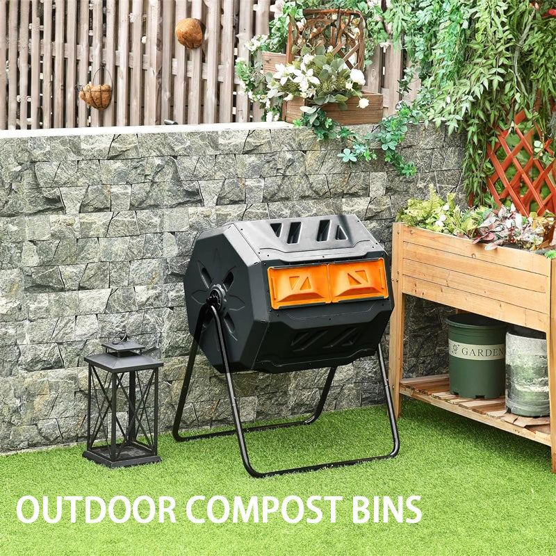 Outdoor Compost Bin, 43 Gallon Dual Chamber Compost Tumbler With Sliding Door For Garden, Kitchen, Patio, Outdoor