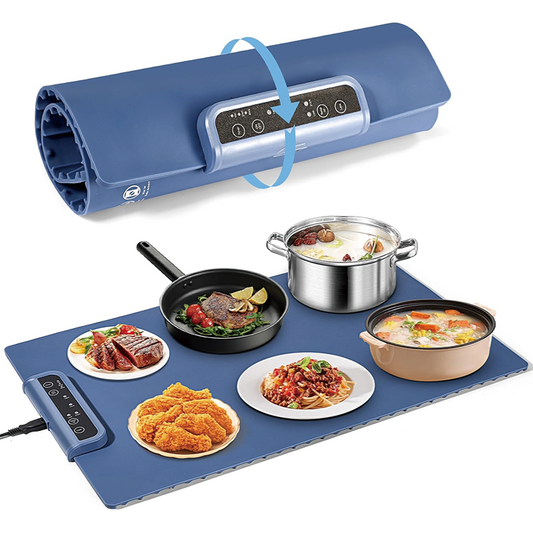 Silicone Food Warming Mat, Roll Up Portable Electric Warming Tray with 3 Temperature Settings for Dinner, Catering, House, Parties, Blue