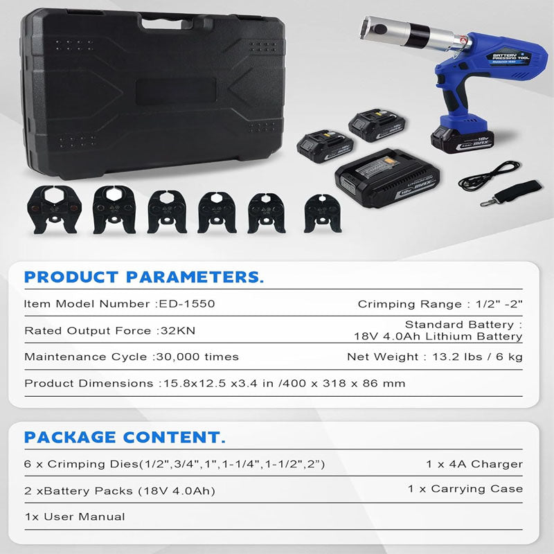 18V Electric Pipe Crimping Tool for 1/2" to 2" Stainless Steel, Copper PEX Pipes 360° Rotation Automatic Crimper with Brushless Motor & 6 Pro Press Jaws