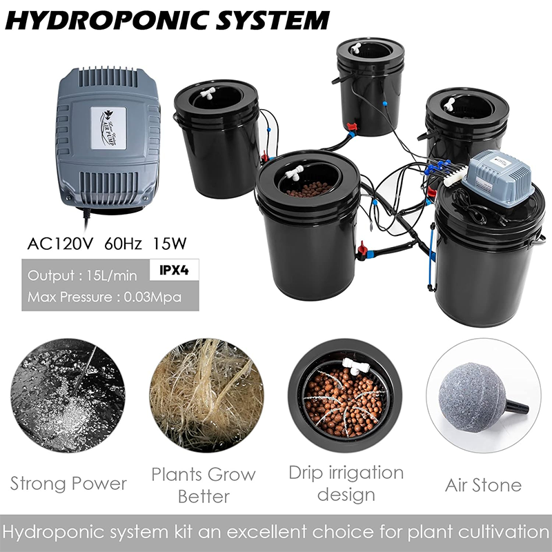 DWC Hydroponic System, Hydroponic Planting System, 5 Gallon DWC Hydroponic Bucket Set, Multi Bucket Hydroponics Machine, Vegetable Drip Irrigation System (4 Buckets + Reservoir Kit)