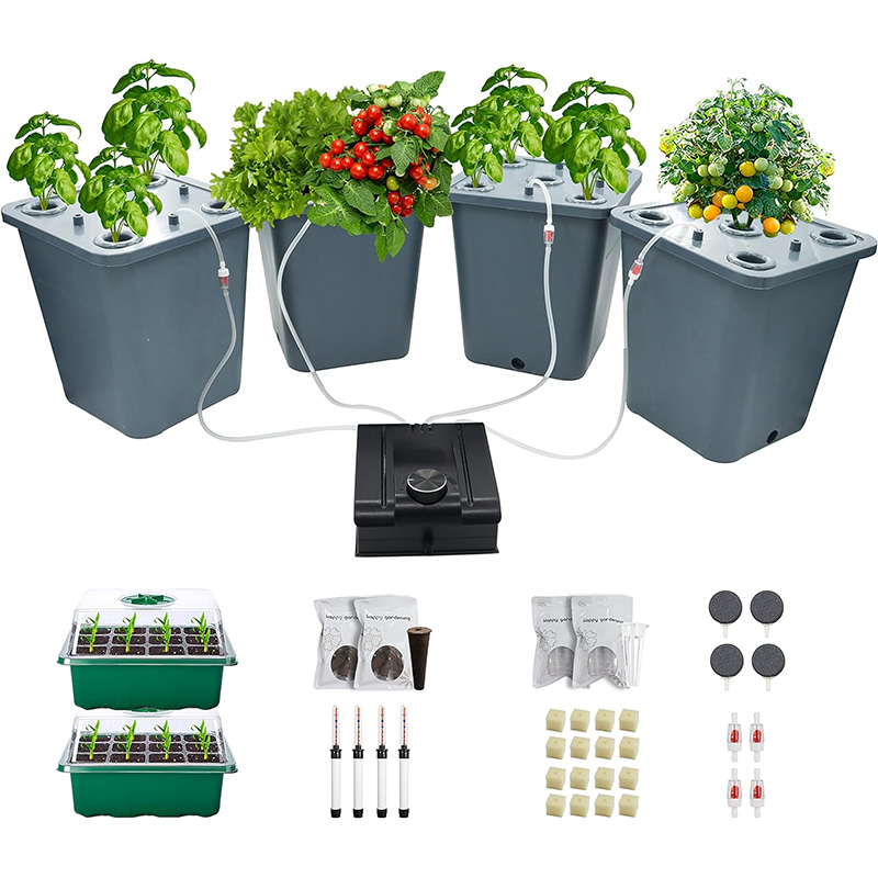 4 Plant Hydroponic Bucket Kit, Herb/Tomato/Vegetable Hydroponic Growing System, DWC Hydroponic System with Air Pump and Sprouting Tray (Complete Indoor Hydroponic Gardening Supplies)