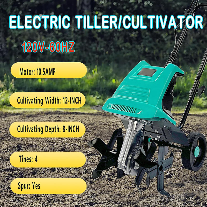 Electric Cultivator 12 Inch Tilling Width 8-Inch Electric Tiller 10.5 Amp Tiller for Garden Yard