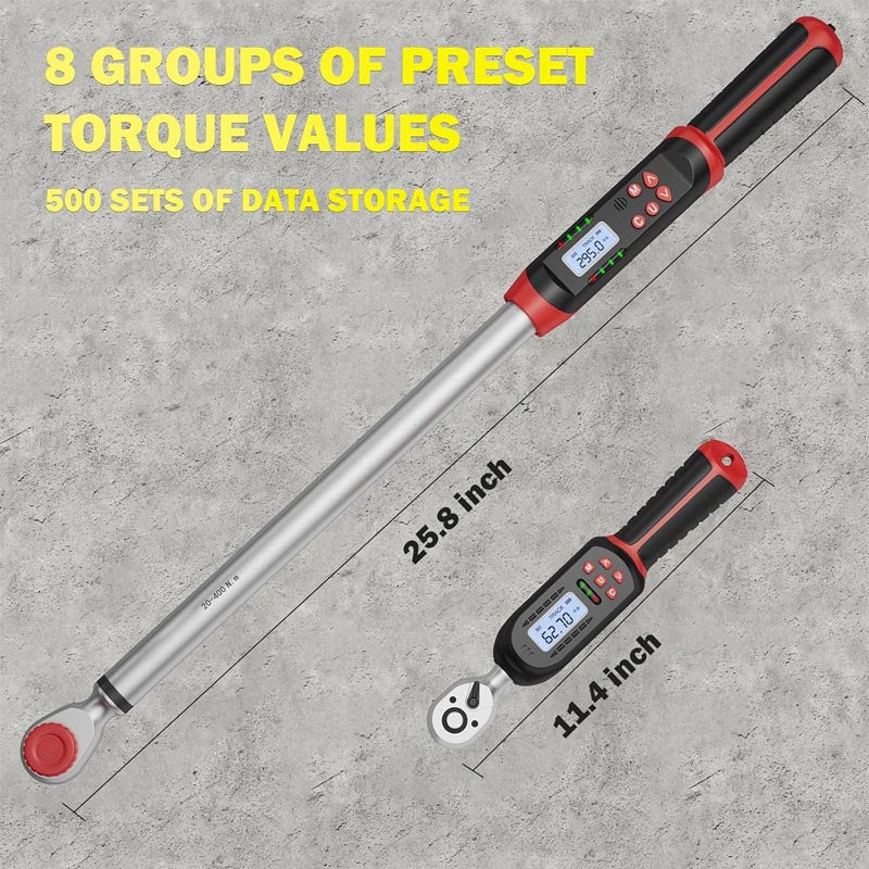 Digital Torque Wrench Set 2Pcs 3/8" (3.1-62.7Ft.lb/4.2-85Nm) & 1/2" (14.7-295Ft.lb/20-400Nm) with Buzzer, LED Indicator