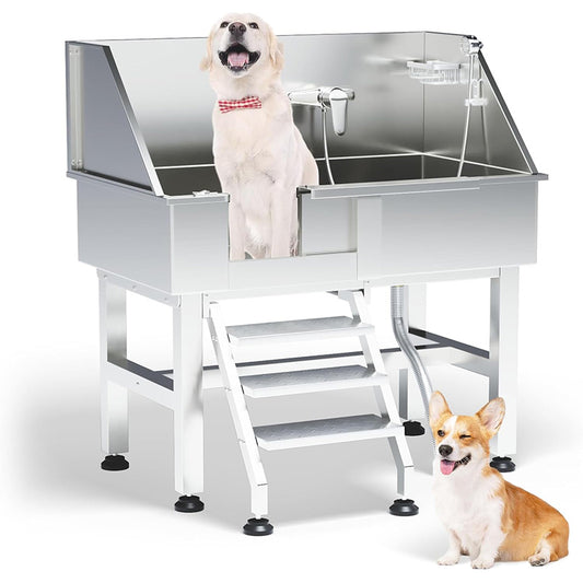 38" Professional Stainless Steel Dog Grooming Tub Dog Bathing Station Equipped with Three Anti-Slip Steps Removable Door Pet Wash Station for Pet