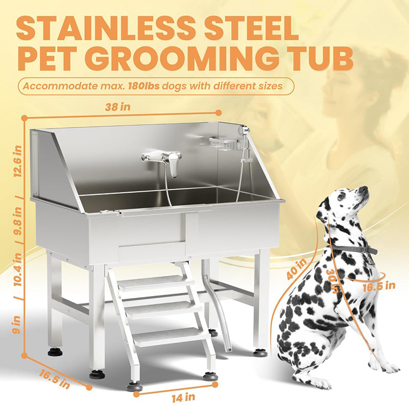 38" Professional Stainless Steel Dog Grooming Tub Dog Bathing Station Equipped with Three Anti-Slip Steps Removable Door Pet Wash Station for Pet
