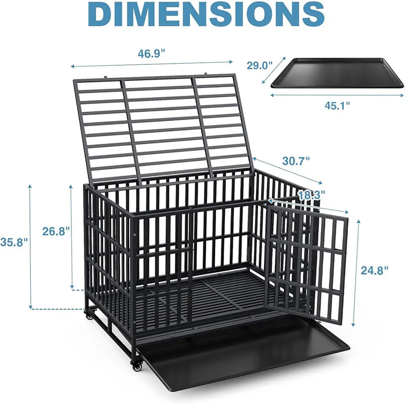 Heavy Duty Dog Crate Metal Indestructible Dog Cage, 47 Inch Escape Proof Dog Kennel With Lockable Wheels, Removable Tray