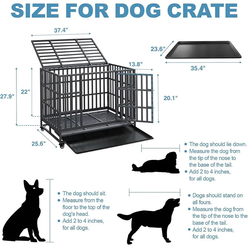 Heavy Duty Dog Crate Metal Indestructible Dog Cage, 38 Inch Escape Proof Dog Kennel With Lockable Wheels, Removable Tray