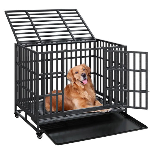 Heavy Duty Dog Crate Metal Indestructible Dog Cage, 38 Inch Escape Proof Dog Kennel With Lockable Wheels, Removable Tray