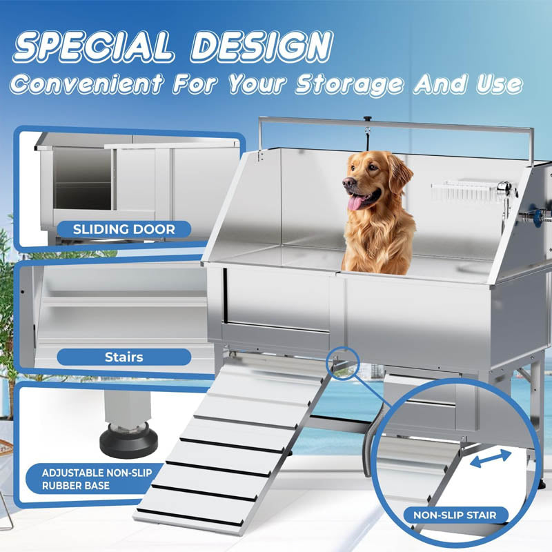 46" Dog Grooming Tub Professional Stainless Steel Dog Washing Station with Ramp Storage Drawer Floor Grate