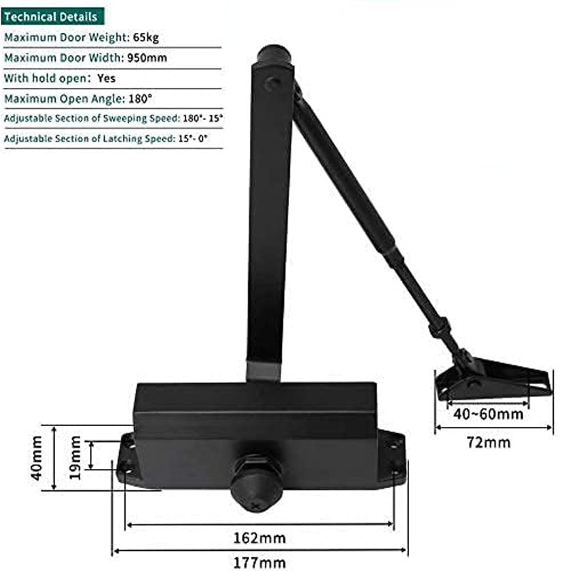 Door Closer Applies Regular Top Jamb Mounting Adjustable Automatic Size 3 Door Closer Easy Install Black