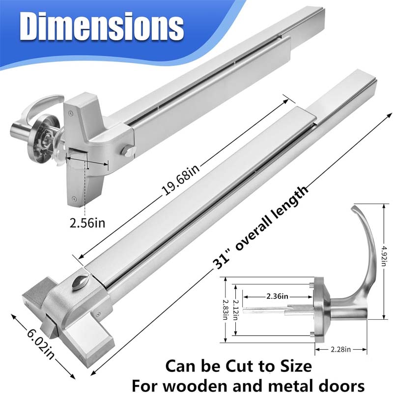 Door Push Bar 80cm/31.5” Stainless Steel Door Push Bar with Exterior Lever for 31"-47" Wood Metal Door