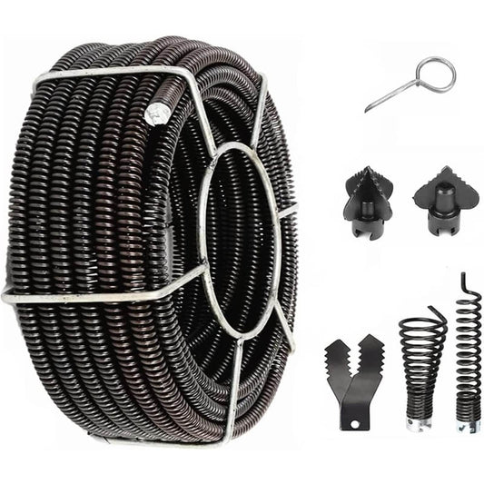 Drain Cleaning Equipment 45 Feet x 7/8 Inch Hollow Core Cable Sewer Cable with 6 Cutters for Sink, Floor Drain, Toilet