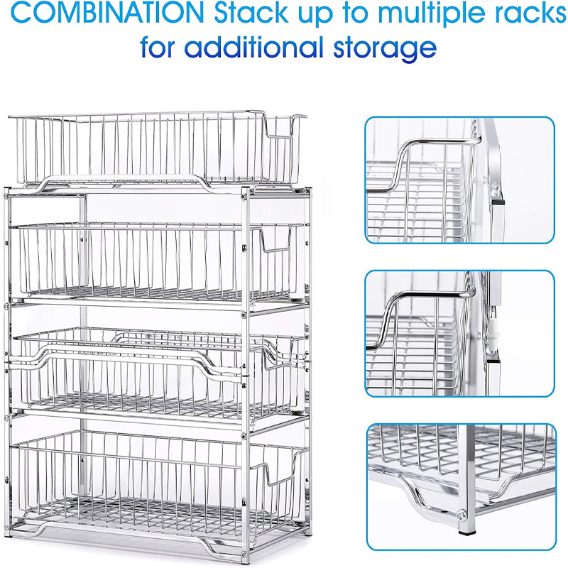 Simple Trending Stackable 2-Tier Under Sink Cabinet Organizer With Sliding Storage Drawer, Chrome