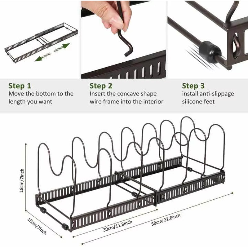 Metal Expandable And Detachable Pot Pan And Cover Organizer Display Rack Holder For Kitchen Cabinet Pantry