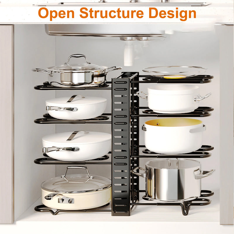 8 Tier Pot Organizer Racks Durable Removable Pot Pan And Lid Cabinet Holder Multi-Functional Kitchen Shelf For Desktop Cabinet