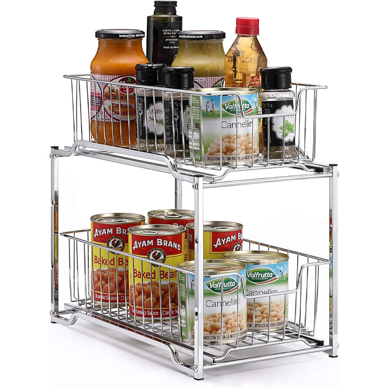 Simple Trending Stackable 2-Tier Under Sink Cabinet Organizer With Sliding Storage Drawer, Chrome