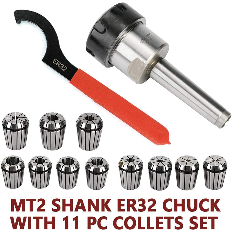 ER32 Collet Set, Lathe Chuck Tool with 11 PCS ER32 Collets, 1PCS MT2 Bridgeport Shank Holder & 1 PCS Wrench