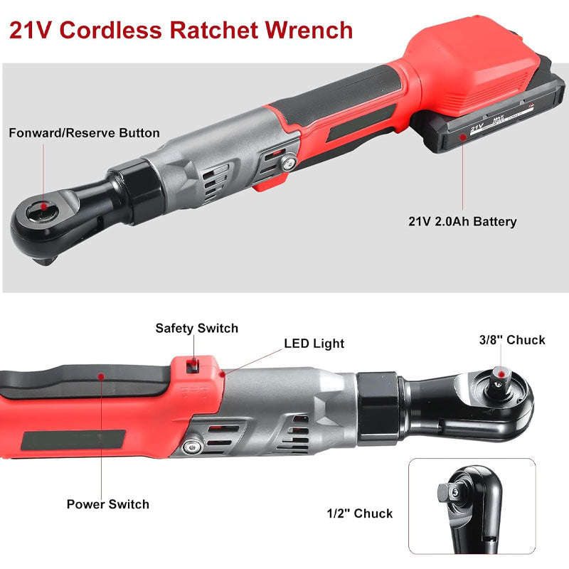 21V 3/8" Cordless Ratchet Wrench Kit, 74 ft. lbs Electric Ratchet, Variable Speed Electric Ratchet, 8 Sockets, 3" Extension Pole
