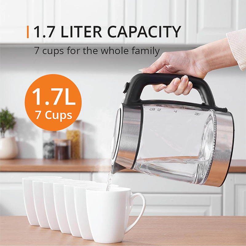 1.7 Liter Glass Electric Kettle LED Indicator, Anti Scale Filter, One Cup in 80 Seconds, 1500 Watts, Fast Boiling, Auto Off, Keep Warm, Cordless