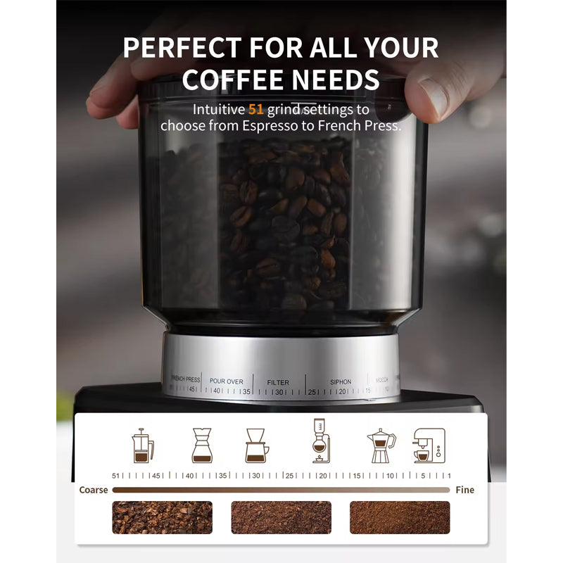 New Conical Burr Coffee Grinder Electric For Espresso With Precision Electronic Timer, Touchscreen Adjustable Coffee Bean