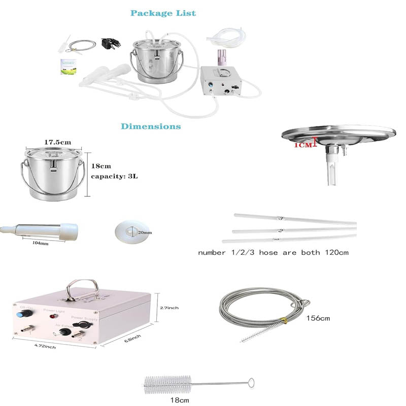 3L Electric Milking Machine 304 Stainless Steel Bucket  with Speed Adjustable Pulsating Pump Check Valve & Clean Brush