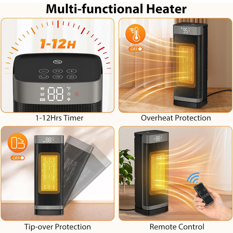 Electric Space Heaters with Thermostat Remote Control 16 inch 60°Oscillating, 4 Modes, 12h Timer