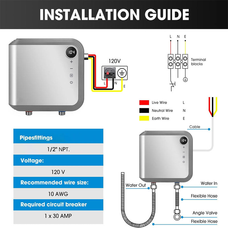 7KW 120V Tankless Water Heater Electric  Use a Self - Adjusting Rotatable Digital Display Silver