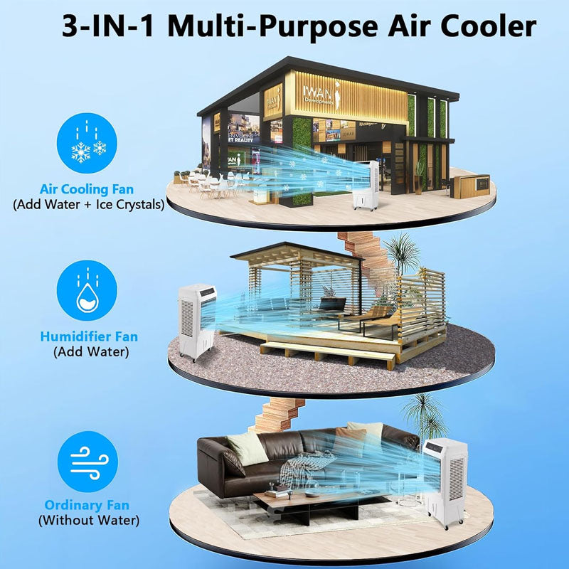 3000CFM Evaporative Air Cooler 3-in-1Swamp Cooler with Remote Control and 12H Timer 4 Ice Packs 3 Modes & Wind Speeds for Outdoor Indoor Use 10.3 Gallon