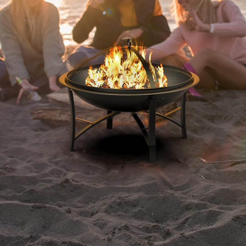 Fire Bowl with Spark Screen Cover Log Grate Poker for Camping Beach Bonfire Picnic Backyard Garden