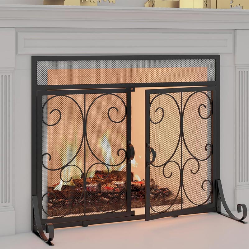 Simple Iron Fireplace Screen Stove Retaining Fence Fireplace Cover Double Door Fireplace Fire Fence