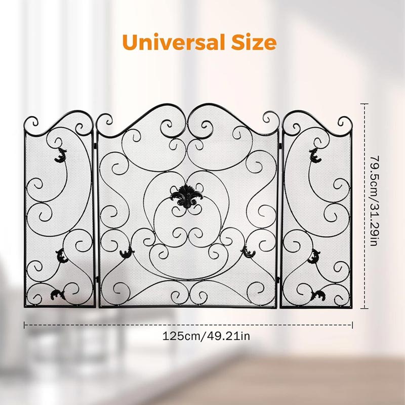 Wrought Iron Floor-Standing Fireplace Tri-Fold Screen, Fence Home Stove Partition Fire Cover