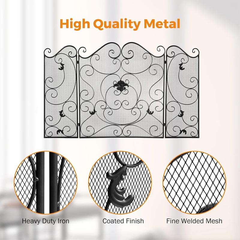 Wrought Iron Floor-Standing Fireplace Tri-Fold Screen, Fence Home Stove Partition Fire Cover