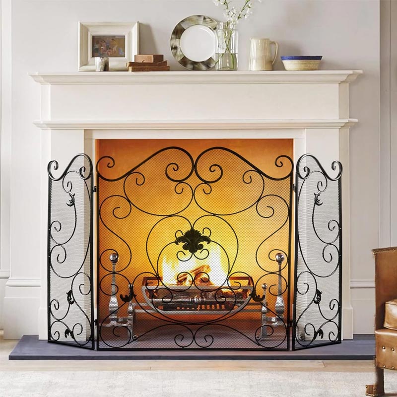 Wrought Iron Floor-Standing Fireplace Tri-Fold Screen, Fence Home Stove Partition Fire Cover