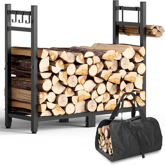 34inch Firewood Rack with Log Carrier with Kindling Hooks, Adjustable Pads for Fireplace Deck Outdoor