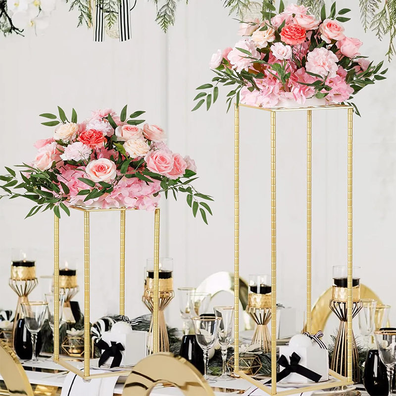 Wedding Flower Stand 2Pcs Gold Flower Stand for Wedding, Metal Column Vases Stand Shiny Gold Wedding Flower Stand, Rectangular Flower Display Rack for Wedding Party Birthday Events Reception (31.5 inch Tall)