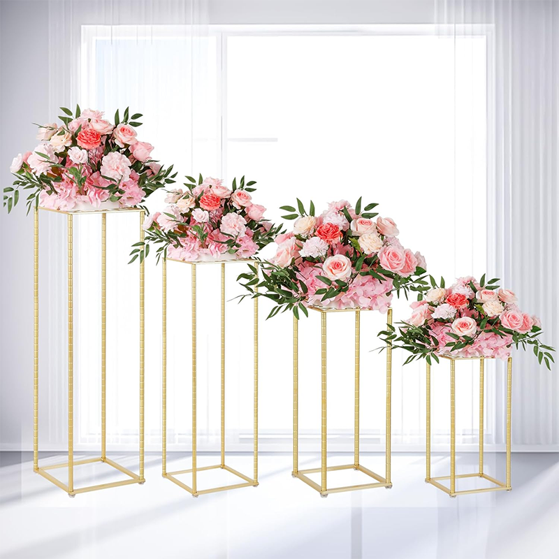 Wedding Flower Stand 2Pcs Gold Flower Stand for Wedding, Metal Column Vases Stand Shiny Gold Wedding Flower Stand, Rectangular Flower Display Rack for Wedding Party Birthday Events Reception (31.5 inch Tall)