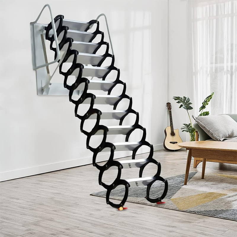 Loft Ladder Pull Down 12 Step Folding Loft Ladder, 10ft High Home Wall Mounted Telescopic Ladder, Alloy Climbing Ladder with Handrails for Attic Decoration House