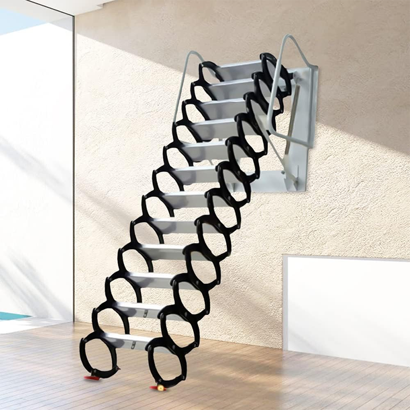 Loft Ladder Pull Down 12 Step Folding Loft Ladder, 10ft High Home Wall Mounted Telescopic Ladder, Alloy Climbing Ladder with Handrails for Attic Decoration House