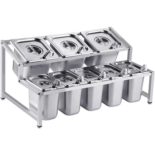 Stainless Steel Commercial Food Pan & Retractable Holder, Condiment Server Tray Station With Serving Spoons
