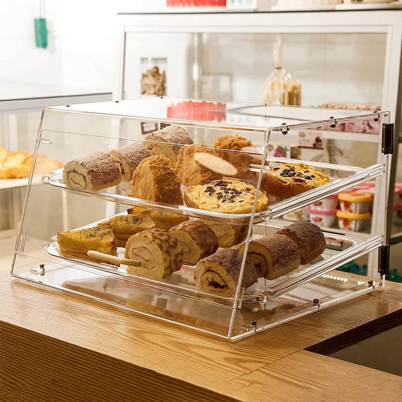 Acrylic 2-Layer Bread Box With Front And Rear Doors With Locks, Cake Dessert Cabinet, Bakery Storage Bread Box