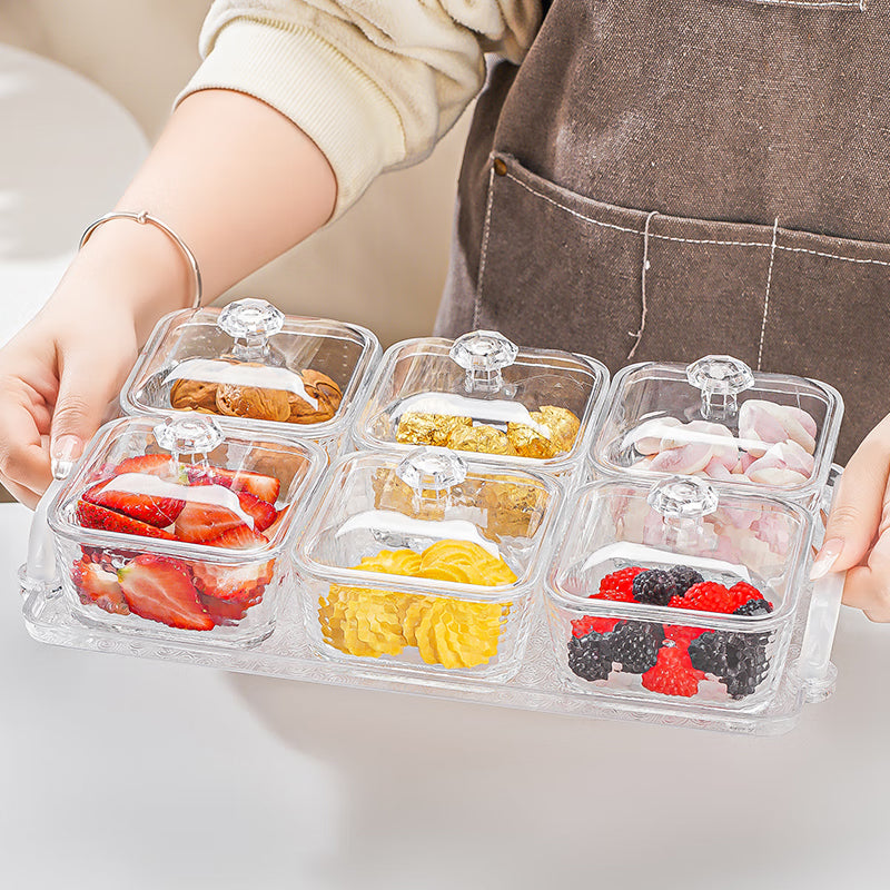 Light Luxury Compartmented Fruit Plate, Lead-Free Glass Snack Plate, Small Square Bowl With Lid, Seven-Piece Gift Box Set