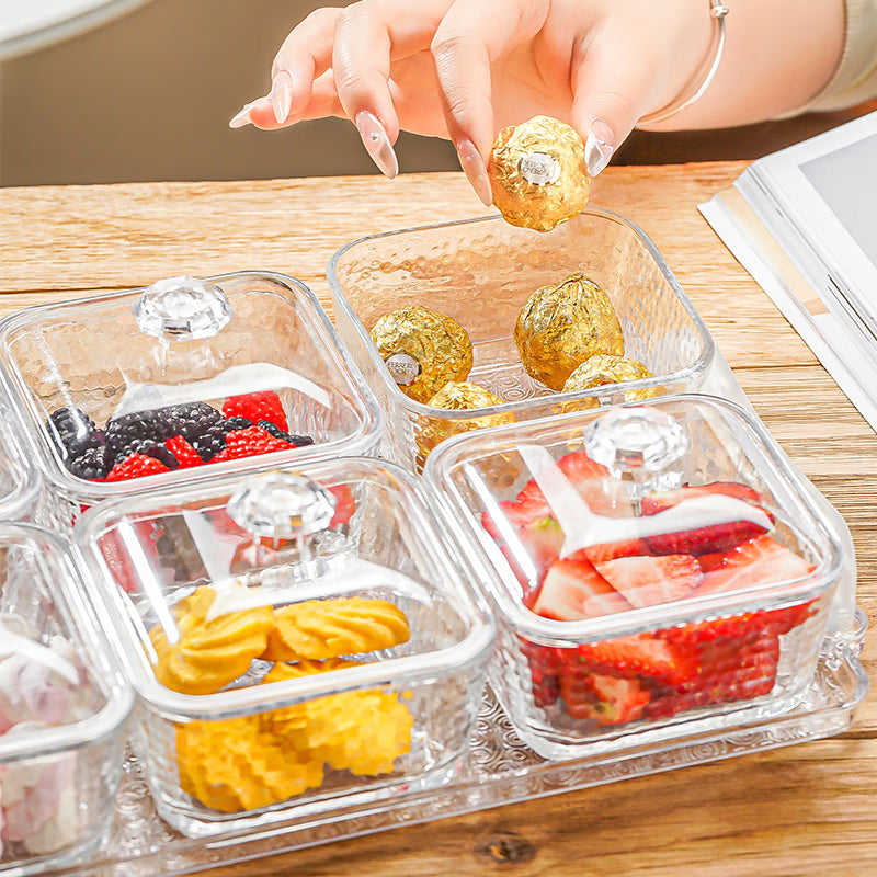Light Luxury Compartmented Fruit Plate, Lead-Free Glass Snack Plate, Small Square Bowl With Lid, Seven-Piece Gift Box Set