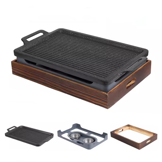 41.3*27.7*1.7cm Fry Griddle Deep Frying Pan Commercial Heat Preservation Lamb Chops Pan Barbecue Pan Wooden Base Rectangular Grilled Fish Pan Charcoal Alcohol Stove Non-Stick Barbecue Pan