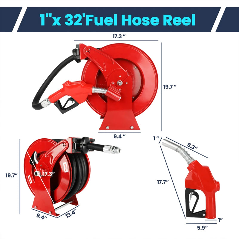 Fuel Hose Reel 1" x 33ft Retractable Diesel Hose Reel,Heavy-Duty Industrial Settings. Max 300 Psi,Spring Rewind With Fuel Nozzle