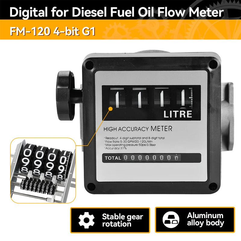 Fm-120 4 Digital Gasoline Fuel Oil Flow Meter Counter 20-120L/Min Diesel Petrol Oil Flow Sensor Counter High Accuracy Display