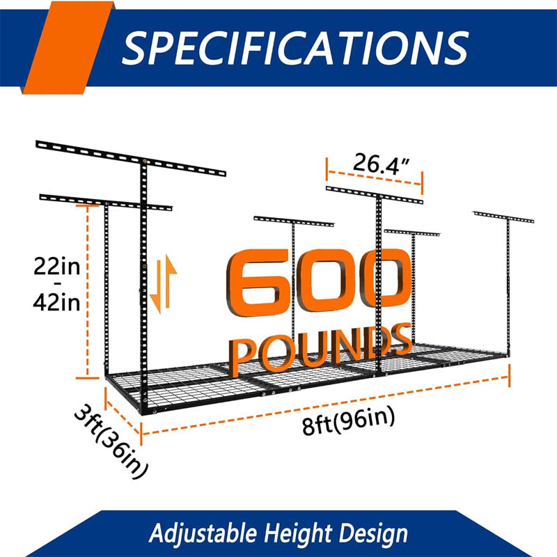 3x8 Garage Storage Rack Adjustable Garage Ceiling Storage Racks  for Garage Storage Organization 600 lbs Load Capacity